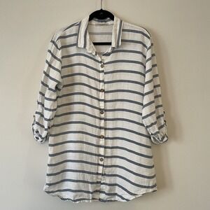 Viola Borghi 100% Linen Blue Striped Button Front Tunic Top Sz L Coastal Resort